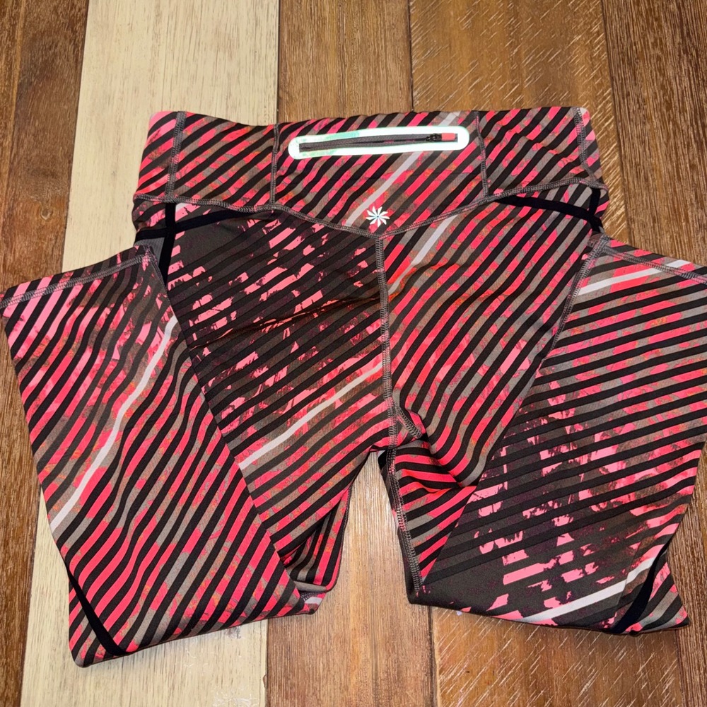 Athleta Leggings Womens S Pink Excellent Striped Mesh Reflective Zip Pocket
